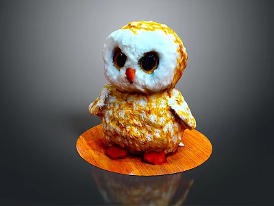 Yellow And White Owl Plush Toy With Big Eyes And Red Feet On Wooden Base 3d model