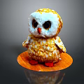 Yellow And White Owl Plush Toy With Big Eyes And Red Feet On Wooden Base