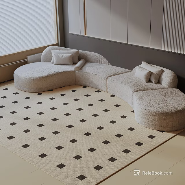Modern Light Colored Curved Three Seater Sofa With Cushions And Patterned Carpet 3d model 
