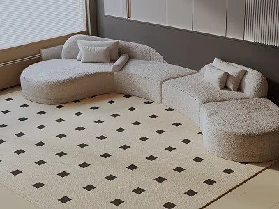 Modern Light Colored Curved Three Seater Sofa With Cushions And Patterned Carpet 3d model