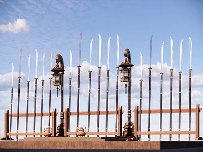 Japanese Samurai Swords On Wooden Fence Display With Decorative Hilts Lanterns Under Clear Sky 3d model