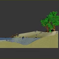 3D Tropical Island Scene With Sandy Beach Green Trees Blue Water And Dolphins
