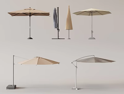 Outdoor Sunshade Umbrellas Featuring Various Designs Sturdy Stands And Open Closed Positions 3d model