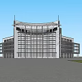 Modern Office Building Featuring Glass Curtain Wall Curved Roof And Blue Sky Open Ground