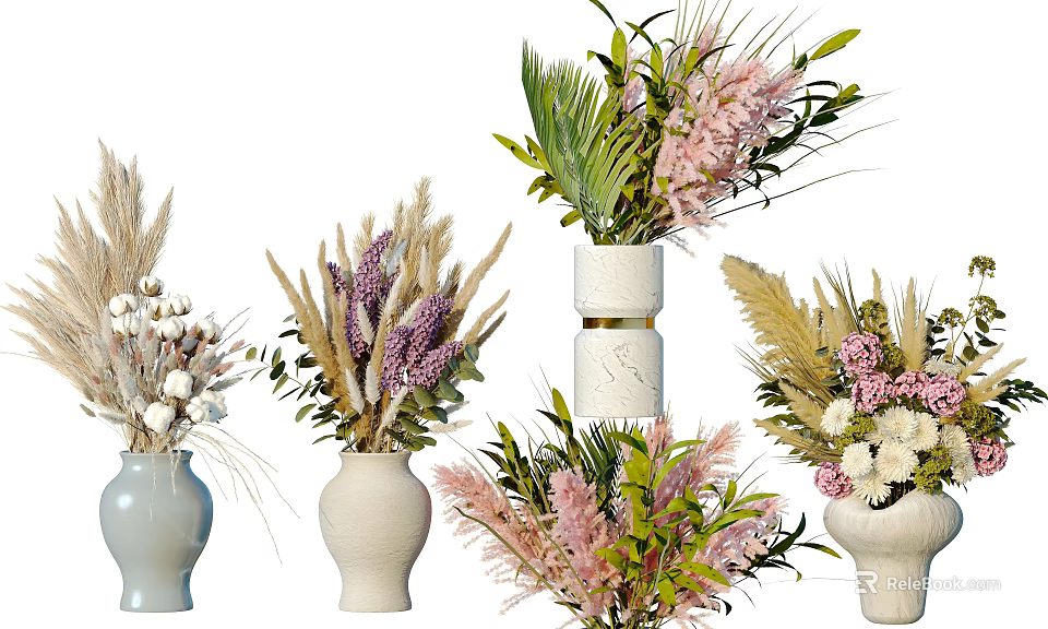 Elegant White Ceramic Vases with Dried Pampas Grass Pink Flowers and Green Leaves Home Decor 3d model 