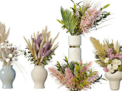 Elegant White Ceramic Vases with Dried Pampas Grass Pink Flowers and Green Leaves Home Decor 3d model