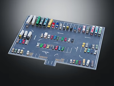 Parking Lot Model with Various Colorful Vehicles Arranged in Lanes and Direction Arrows 3d model