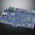 Parking Lot Model with Various Colorful Vehicles Arranged in Lanes and Direction Arrows