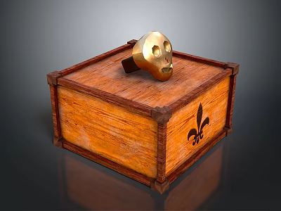 Wooden Storage Box With Brass Skull Decor And Fleur De Lis Symbol 3d model