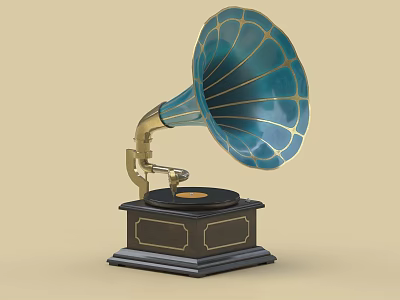 Vintage Decorative Ornament Set With Turquoise Horn Golden Stand Black Base And Vinyl Record 3d model