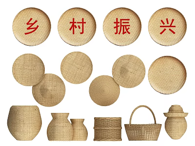 Straw Woven Rural Style Household Necessities With Mats Jars Baskets And Hats 3d model
