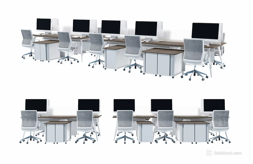 Multiple Modern Office Work Desks With Computer Monitors And Ergonomic Chairs 3d model