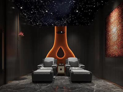SPA Sauna Interior Design with Starry Ceiling Orange Stove and Gray Lounge Chairs 3d model