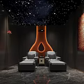 SPA Sauna Interior Design with Starry Ceiling Orange Stove and Gray Lounge Chairs