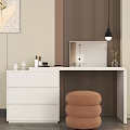 Stylish White Dressing Table With Wooden Wall Pendant Lamp And Brown Stool