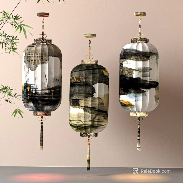 Traditional Chinese Ink Art Lanterns With Bamboo Branches Hanging Decor 3d model 