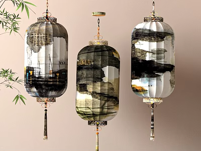 Traditional Chinese Ink Art Lanterns With Bamboo Branches Hanging Decor 3d model