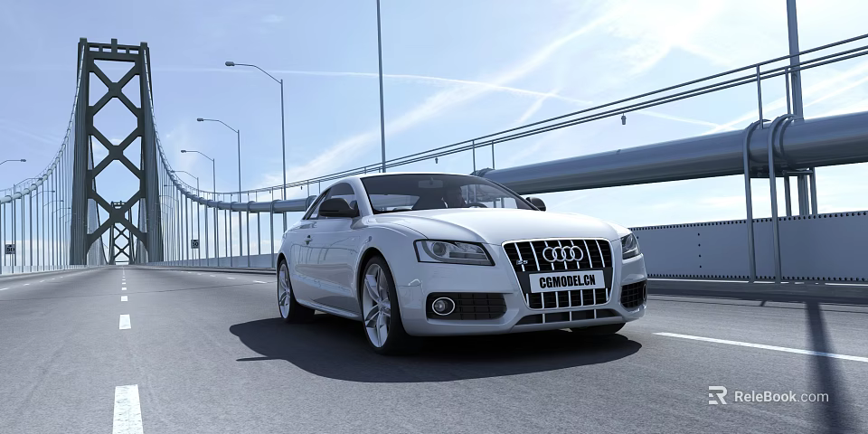 White Audi Car Driving On Modern Bridge With Clear Blue Sky 3d model 