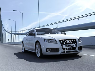 White Audi Car Driving On Modern Bridge With Clear Blue Sky 3d model