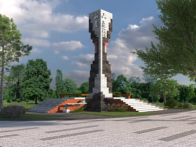 Tall Spirit Fortress Tower Building with Stone Steps Surrounded by Trees and Blue Sky 3d model