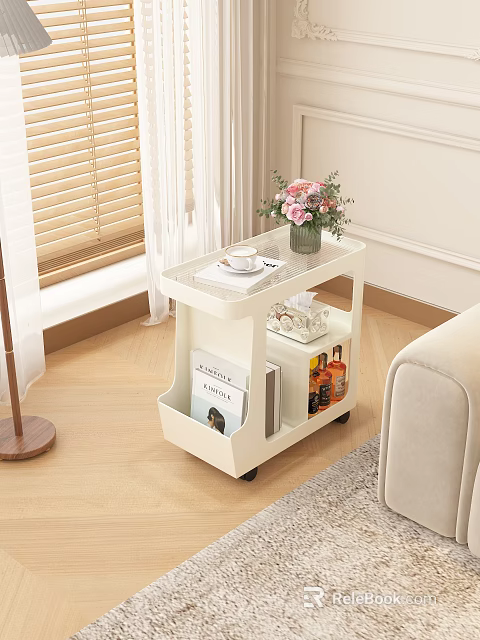 Stylish Living Room With White Trolley Fresh Flowers Coffee Cup Magazines Drinks On Wooden Floor 3d model 