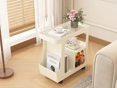 Stylish Living Room With White Trolley Fresh Flowers Coffee Cup Magazines Drinks On Wooden Floor 3d model
