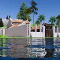 Detached Villa With Orange Roof And Reflection By Water With Palm Trees And Hills
