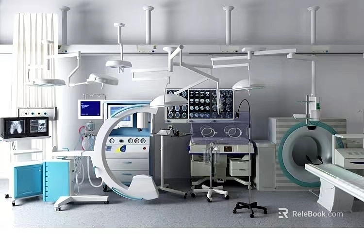 Advanced Medical Devices In Modern Operating Room With Surgical Lights Monitoring Consoles And Imaging Scanners 3d model 