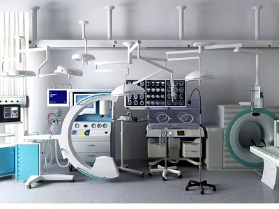 Advanced Medical Devices In Modern Operating Room With Surgical Lights Monitoring Consoles And Imaging Scanners 3d model