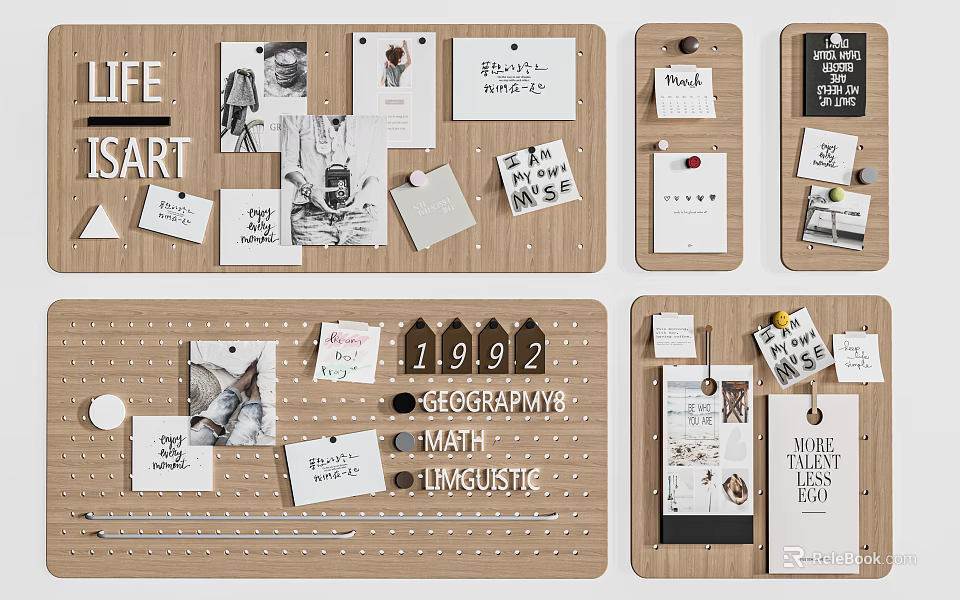 Wooden Photo Wall With Photos Notes Quote Cards And Decorative Clips 3d model 