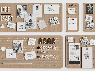 Wooden Photo Wall With Photos Notes Quote Cards And Decorative Clips 3d model