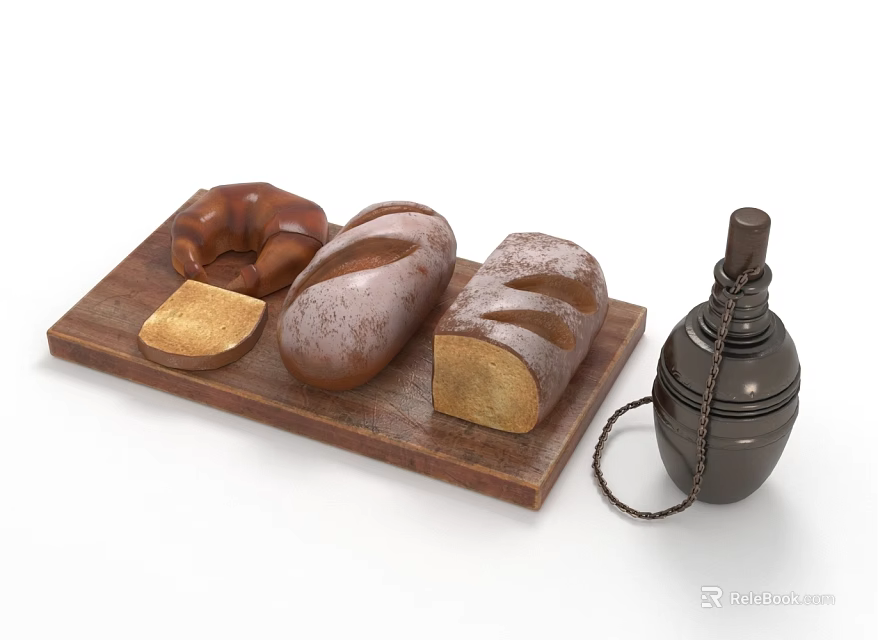 Assorted Bread On Wooden Tray With Glass Bottle And Slices 3d model 