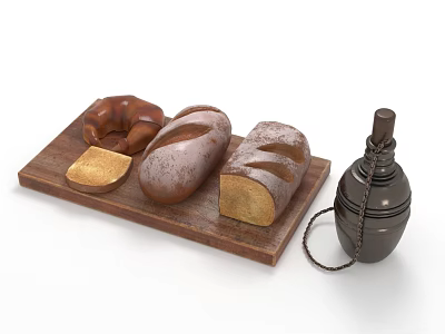 Assorted Bread On Wooden Tray With Glass Bottle And Slices 3d model