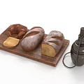 Assorted Bread On Wooden Tray With Glass Bottle And Slices