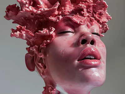 Intricate Female Head Sculpture With Organic Texture Closed Eyes And Parted Lips 3d model