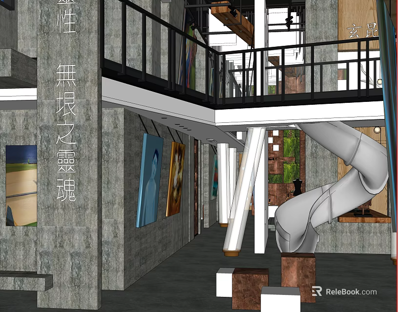 Modern Double Level Clothing Store With Slide Art Decor Gray Walls And Black Railings 3d model 