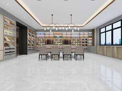 Bright Modern Fabric Sample Showroom With Display Shelves And Discussion Area 3d model