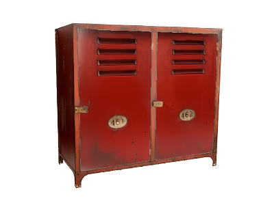 Vintage Red Wooden Cabinet with Double Doors Metal Handles and Ventilation Slats 3d model