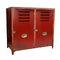 Vintage Red Wooden Cabinet with Double Doors Metal Handles and Ventilation Slats