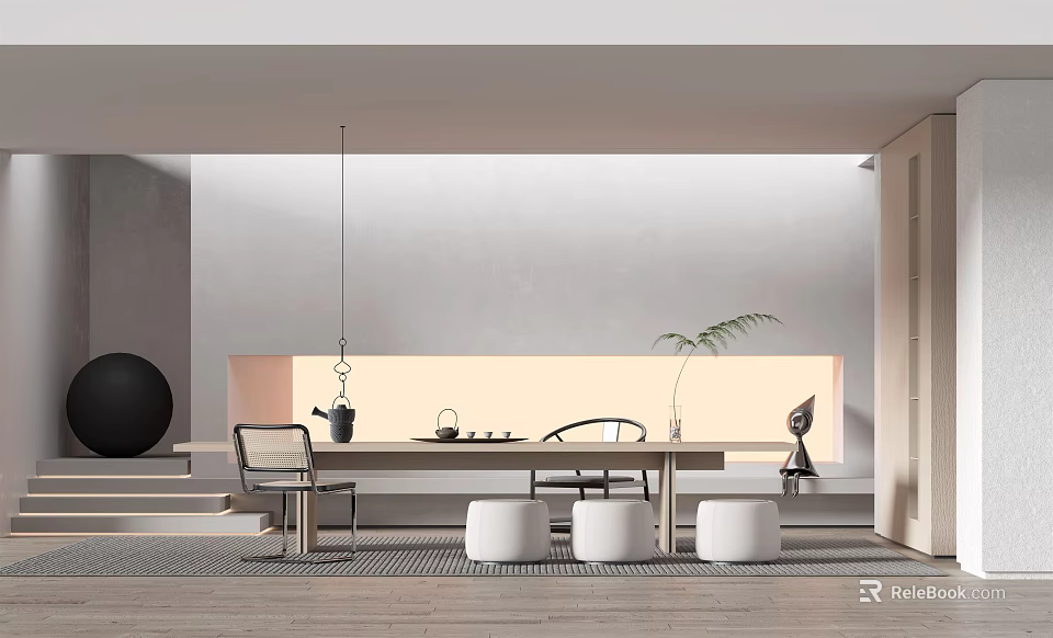 Minimalist Tea Room Interior Design With Wooden Table Chairs Tea Set And Potted Plant 3d model 