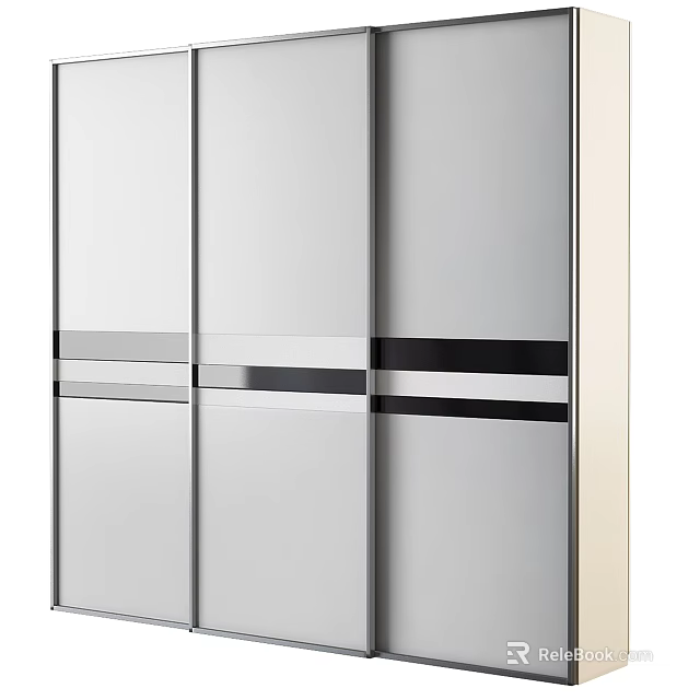 Modern Wardrobe With Sliding Mirrored Doors And Black Accent Strips 3d model 