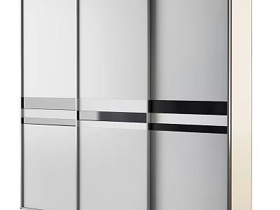 Modern Wardrobe With Sliding Mirrored Doors And Black Accent Strips 3d model