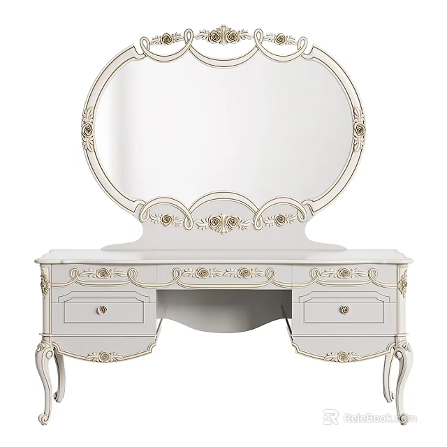 Elegant White Dressing Table With Ornate Floral Carvings Drawers And Round Mirror 3d model 