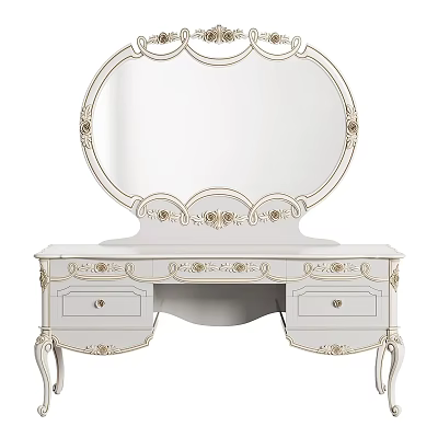 Elegant White Dressing Table With Ornate Floral Carvings Drawers And Round Mirror 3d model