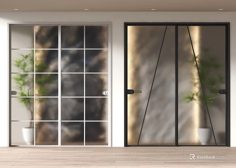 Indoor Sliding Doors With White Black Frames Grid And Geometric Pattern Glass And Plants 3d model