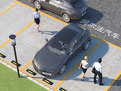 Well Organized Parking Lot with Parked Cars People Walking and Yellow Parking Lines 3d model