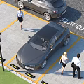 Well Organized Parking Lot with Parked Cars People Walking and Yellow Parking Lines