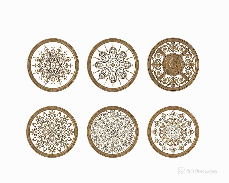 Six Round Carved Decorative Plates Featuring Intricate Floral Patterns Design 3d model