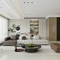 Modern Living Dining Room Interior With TV Wall Fireplace And Coffee Tables