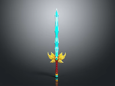 Fantasy Sword With Blue Blade Golden Wing Hilt Red Handle And Blue Gemstone Decoration 3d model